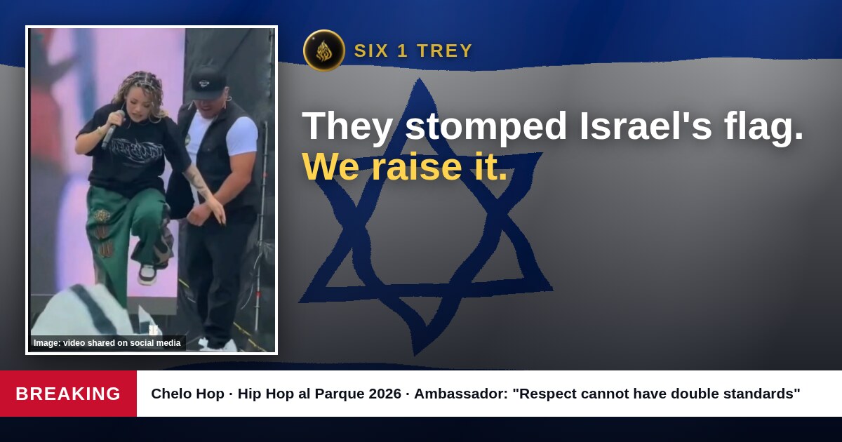 Chelo Hop steps on the Israeli flag at Hip Hop al Parque 2026, with the headline: They stomped Israel's flag, we raise it